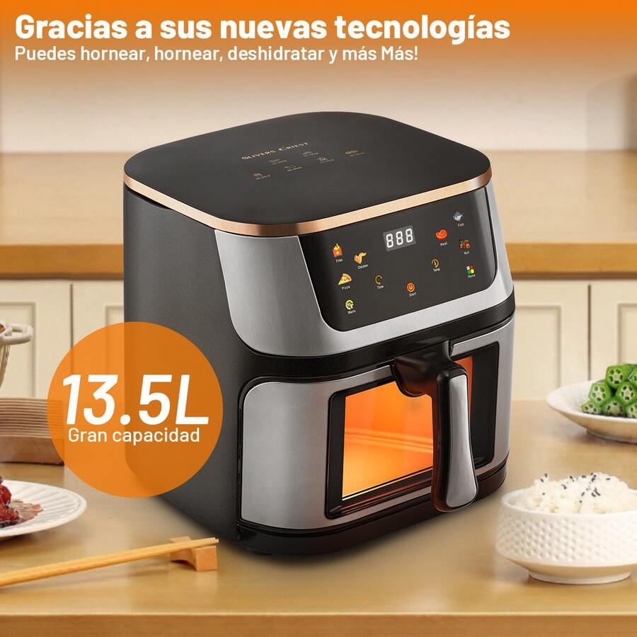 Esta freidora de aire eléctrica de gran capacidad de 13,5 litros y 4000 W cuenta con pantalla táctil y ventana de visualización, cocina sin aceite y permite preparar papas fritas y pan. Es multifuncional, viene con un enchufe estándar estadounidense  110-130 voltios  y su elegante diseño la hace ideal para uso familiar y un regalo ideal para fiestas y aniversarios. - Tipo de Enchufe A USA (110-127V) - Ver 1