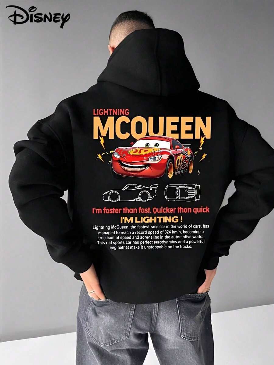 Disney UNIHLO I'm Faster Than Fast.Quicker Than Quick Printed Heavyweight Long-Sleeved Hooded Sweatshirt, Perfect For Autumn And Winter, Versatile And Casual, Suitable For Any Occasion - 黑色 - 查看 1