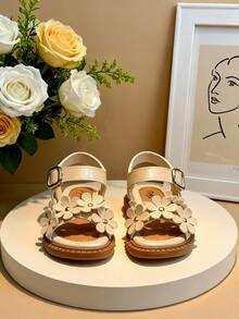 EUR 23-34 Sizes Toddler Kids Girls Beige PU Leather Open-Toe Sandals, 3D Daisy Flower Detail Adjustable Ankle Buckle Strap With Soft Padded Insole & Non-Slip Rubber Sole, Casual Summer Shoes For Beach Vacation, Daily Play, Birthday Party & Family Outings - 米色 - 查看 7