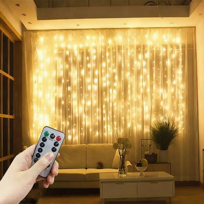 1pc Camping Decorative String Lights, Holiday Lighting Decor, Garden Decor Lights, 4 Color Choices, Birthday Party Decor, Indoor/Outdoor, Bedroom Curtain Lights, Valentine's Day Decor, Remote Control 8 Modes Curtain Lights, Wedding Party Decor, Romantic Atmosphere Room Decor Lights, Christmas & Halloween Colorful Lights, Yard Decor