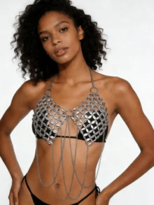 DEKUNER Women's Rhinestone Chain Bra Top - Sparkly Beads Chest Chain Jewelry For Bold New Year Parties, Club Nights & Masquerade Balls - Silver - View 7