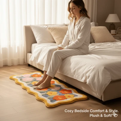 1件装仿羊毛彩色花卉波浪边卧室床头地毯，不对称波浪边卧室脚垫浴室垫，装饰地毯，卧室装饰，小地毯，地毯，家居装饰，客厅地毯，客厅小地毯，卧室地毯，客厅家居装饰，户外地毯，可水洗地毯