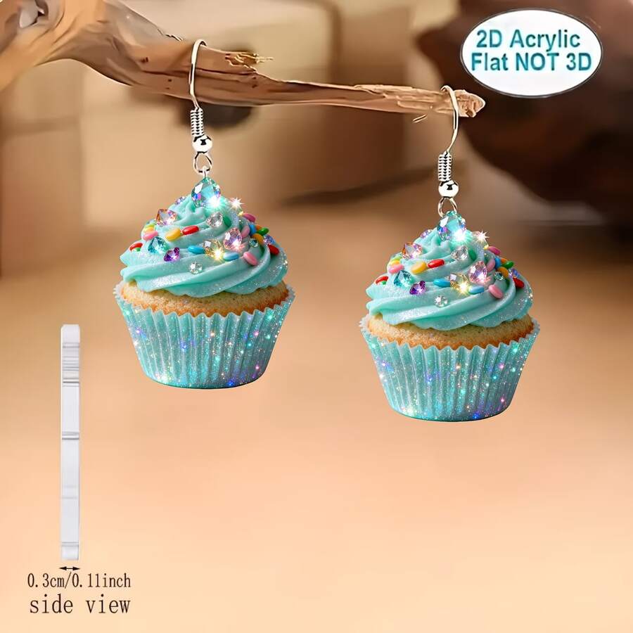 一对独特的2D扁平亚克力钻石蛋糕图案耳环，现代简约风格，适合日常休闲、派对、圣诞节/感恩节、音乐节等场合佩戴。 - 蛋糕 - 查看 1