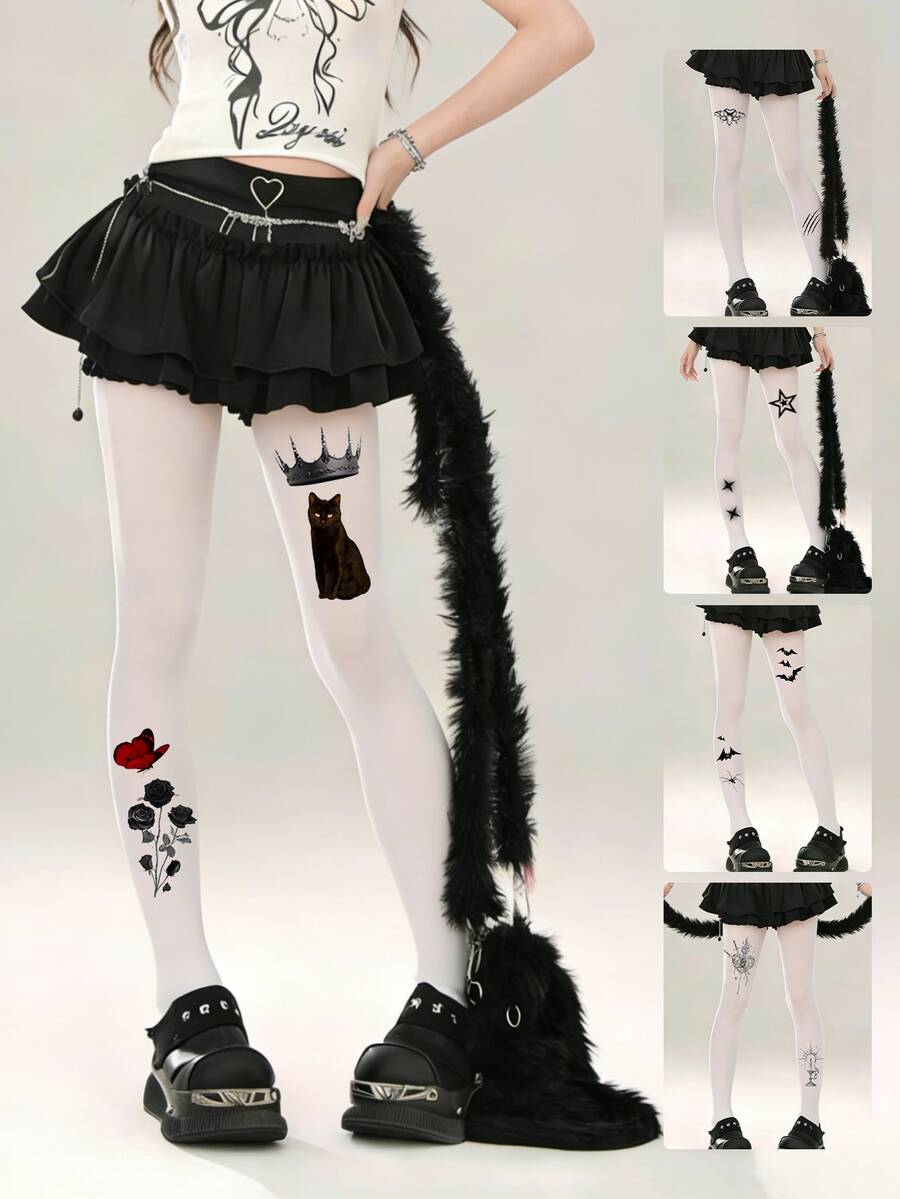 1双Y2K暗黑美学尼龙连裤袜 - 亚文化风格必备小众图案紧身裤 - 彩色 - 查看 1