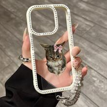 Cute Bow Kitten Patterned Clear Acrylic Double-Sided Rhinestone-Encrusted Phone Case Is Compatible With IPhone 17 Pro Max/Air/16/15/14/13/12/11. It's An Ideal Gift For Christmas, Valentine's Day, And New Year's, Perfect For Boyfriends, Girlfriends, And Family. - Black - View 3