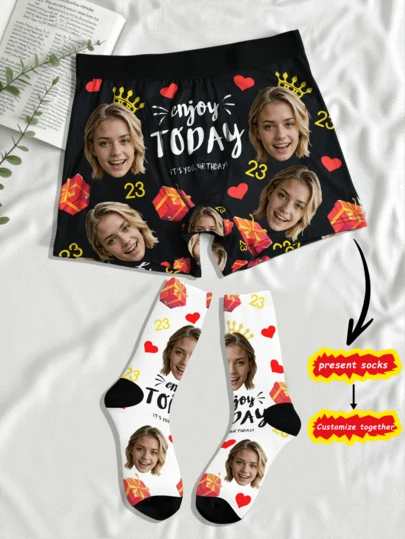 [DIY] Customized Underwear With Free Customized Socks, Novelty Underwear With Funny Face Replacement, Comfortable Fabric, Gift For Friends/Partner/Lover, Party/Birthday Present