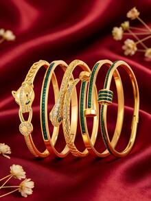 5件套 - 高级镀金手镯套装，铜雕手镯+镶嵌绿色锆石的不锈钢底座，精致细节彰显品味，提升整体着装质感 - 金色 - 查看 4