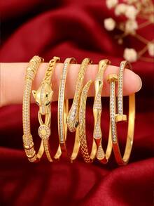 6/1件 - 欧美风格精致手链组合，铜手链+不锈钢手链，全锆石镶嵌+动物元素，小众设计，不冲突 - 金色 - 查看 3