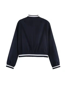 女士藏蓝色宽松飞行员夹克 - 春季立领长袖前开襟纽扣街头时尚外套，带口袋 - 寶藍色 - 查看 4