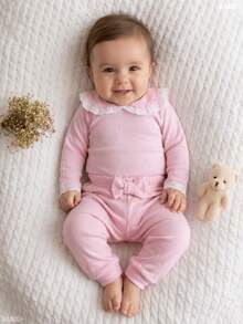 Baby Girl's Set: Bodysuit And Footed Pants With Bow And Lace, 100% Cotton, Baby Clothes 3 To 6 Months, Green, Pink, Lilac, Hypoallergenic, Tulle, English Embroidery - 粉色 - 查看 1