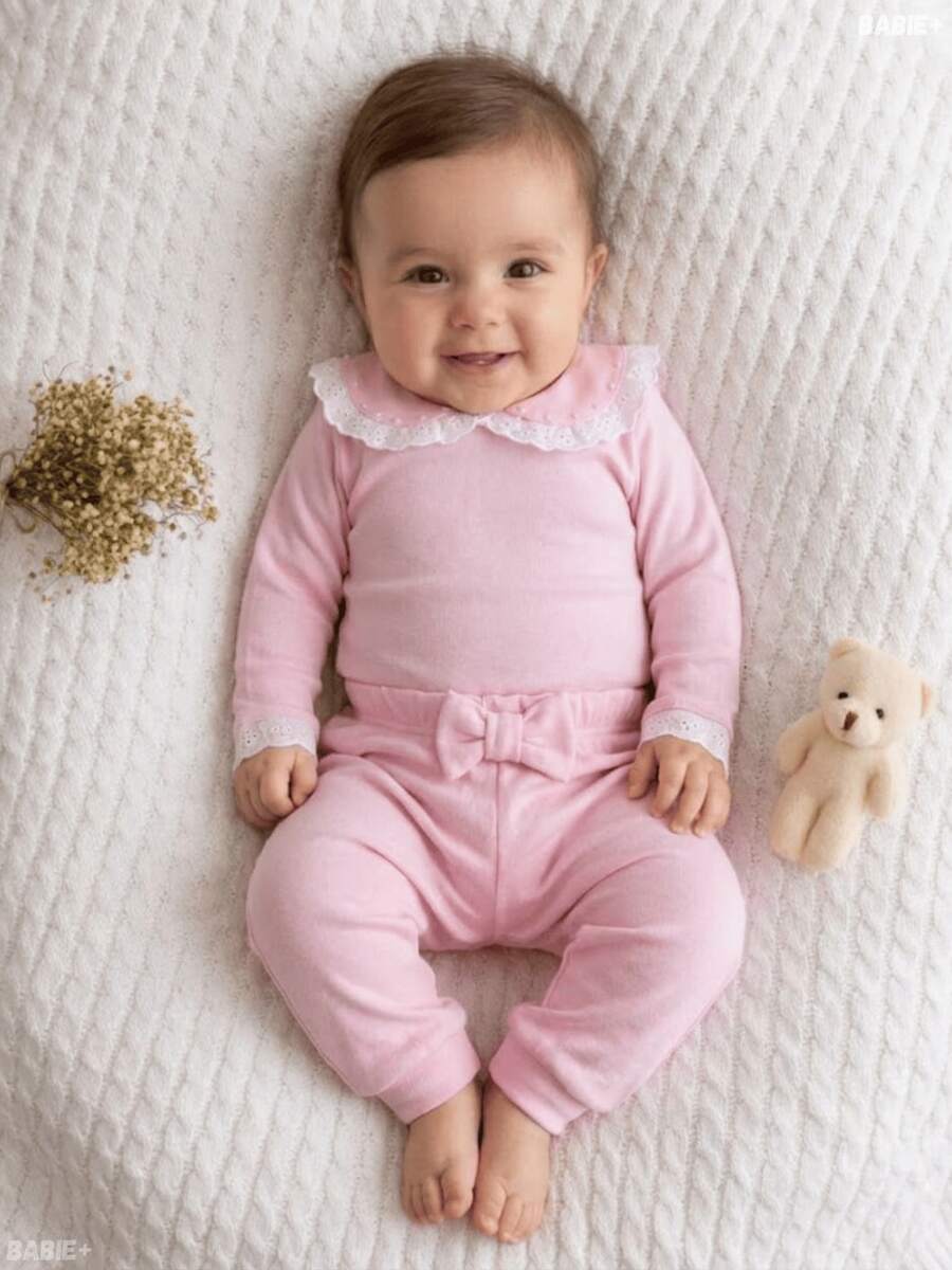 Baby Girl's Set: Bodysuit And Footed Pants With Bow And Lace, 100% Cotton, Baby Clothes 3 To 6 Months, Green, Pink, Lilac, Hypoallergenic, Tulle, English Embroidery - 粉色 - 查看 1