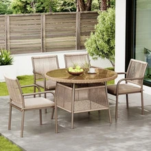 Modern Rattan Garden Furniture Set, Round Glass Table + 4 Armchairs, Iron Frame, Ideal For Patio / Balcony / Terrace - C - View 5