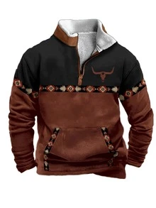 Spring/Fall Loose Pocket Button Front Zipper Halloween Christmas Mens Sweatshirts Casual Quarter Zip V Neck Pullover Fleece Lined Jumpers Long Sleeve Sweater Shirts Cowboy Vintage Graphic Sweatshirt Athletic Winter Pullover - SPS-hZ1 - View 2