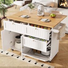 Modern Kitchen Island Table, Kitchen Cabinet, Self-Service Cabinet, Grained Wood Dining Cart, Self-Service Cabinet, Multifunctional Dining Table With Storage Space, Dining Cart With Telescopic Functional Cabinet, White - White - View 2
