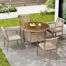 Modern Rattan Garden Furniture Set, Round Glass Table + 4 Armchairs, Iron Frame, Ideal For Patio / Balcony / Terrace - C - View 3