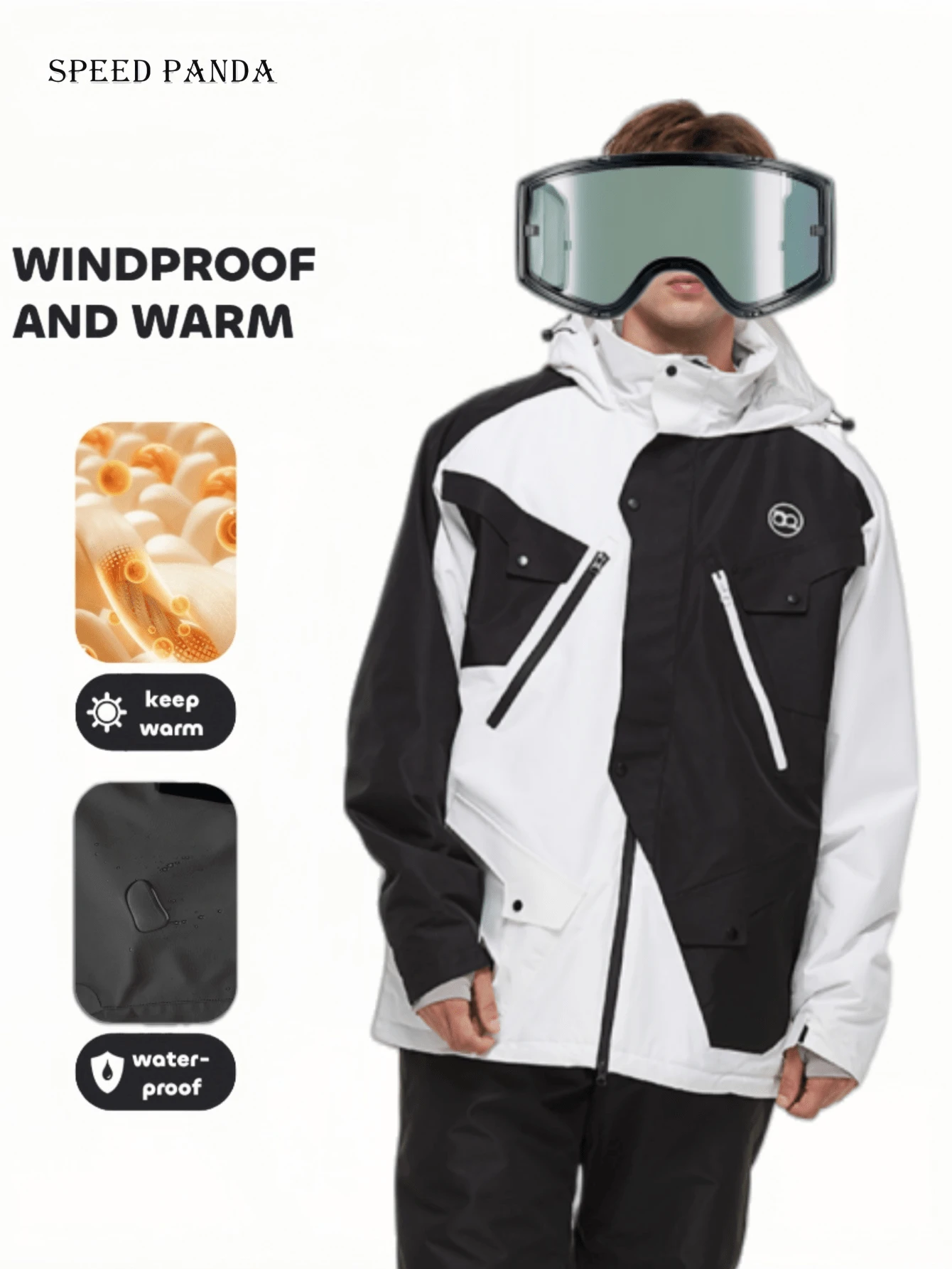 男女通用连帽滑雪服，防风、防水、耐磨、透气且富有弹性，舒适保暖，适合不同水平的滑雪者（不含配件）。冬季滑雪装备。 - 黑與白 - 查看 1