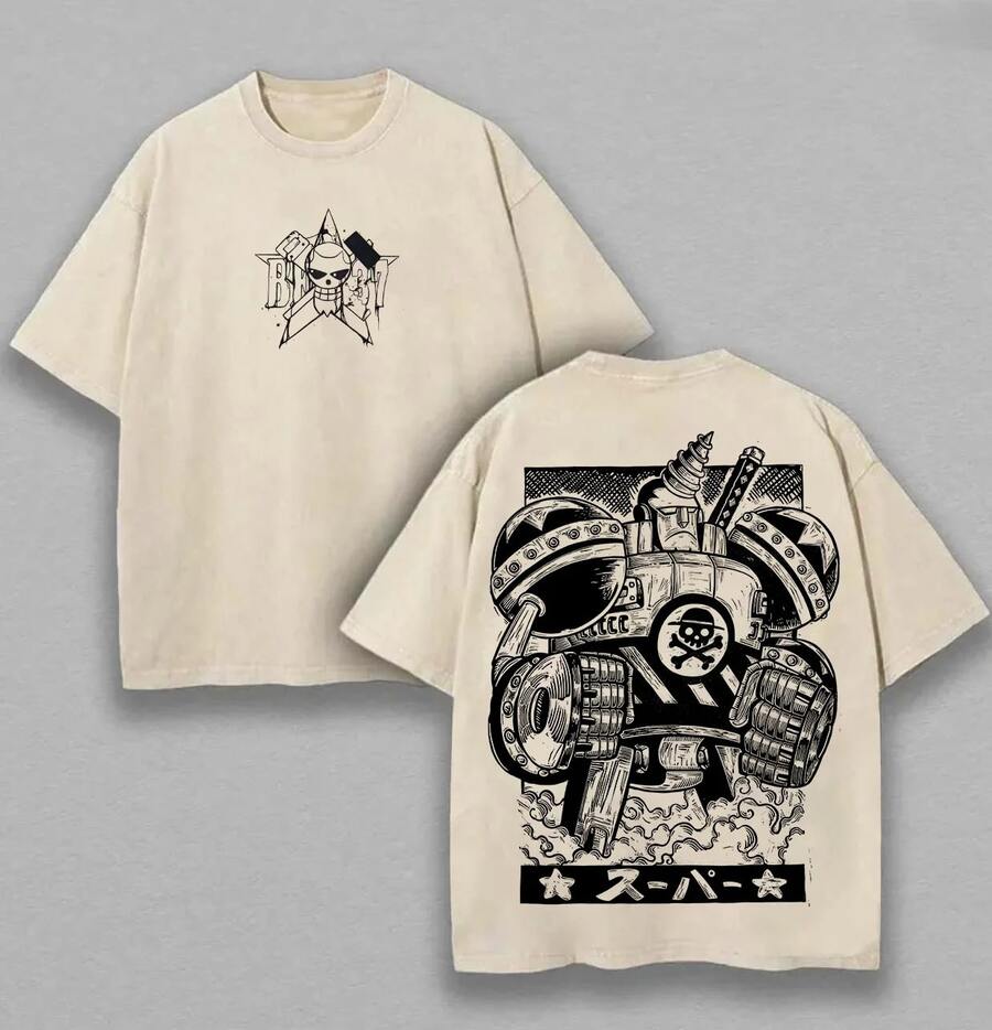 One Piece Franky Vintage Washed Beige Oversized T-Shirt With Cyborg Mecha Graphic Print & Minimalist Front Logo For Anime Lovers, Anime Shirt, Mens Clothes, Mens T Shirts, Y2k Clothes, Unisex Casual Streetwear Japanese Anime T-Shirts - 杏色 - 查看 1