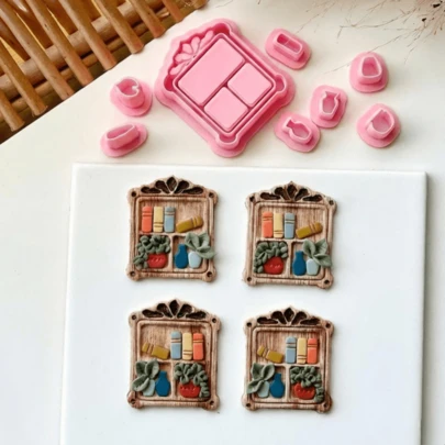 书架和迷你植物造型软陶切割器，粉色田园风书架造型，DIY耳环波西米亚风首饰工艺工具，爱书人士礼物