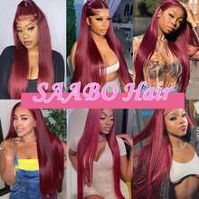 Straight Lace Front Wigs Human Frontal Hair 30 Inch 13x4 Lace Front Wig Virgin Hair 200% Density Hd Transparent Bone Straight Blended Hair Wig Burgundy 99j Pre Plucked Bleached Tiny Knots Real Lace Frontal Wigs For Women - SBUG - View 10
