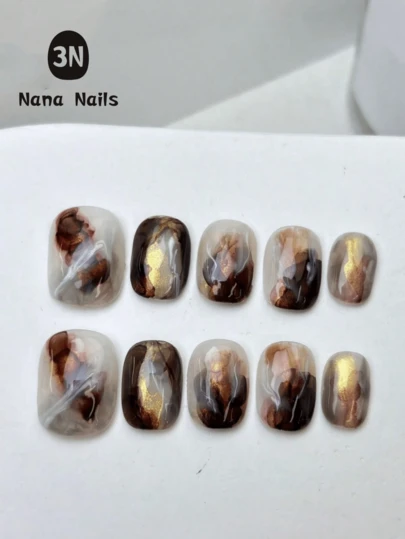 1 paquete/10 piezas Uñas cortas, uñas postizas con diseño de mármol metálico en degradado de caramelo a óxido con destellos, elegantes y falsas para uso diario y fiestas (para mujeres y niñas)