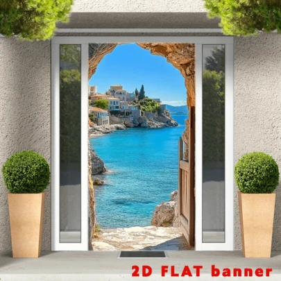 2D平面横幅海滨风景长形石拱门廊横幅 - 多功能涤纶窗帘，适合家居、节日、生日和婚礼装饰，是海滨房间装饰的理想之选。