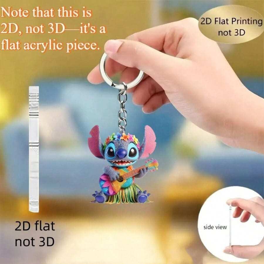 2D Flat Design - 1pc Lilo & Stitch Stitch Wearing Floral Wreath Playing Guitar 2D Acrylic Keychain, Unisex, Fan Essential, Practical & Stylish Keychain/Keyring, Holiday Gift Decor, Car Key Chain, Backpack Wallet Key Chain, Perfect For Birthday, Valentine's Day, Christmas - Multicolor - View 1