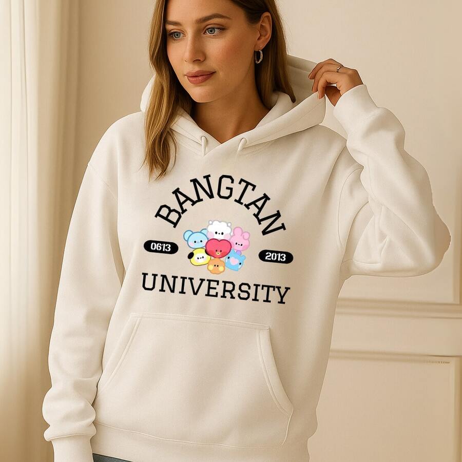 Simple Kangaroo Hoodie With BT21 Print, Comfortable Casual Style, B.T.S Bangtan - White - View 1