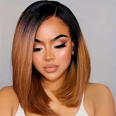 Black Ombre Brown Short Bob Synthetic Wig Side Part Straight Bob Wig 12 Inch Straight Soft Heat-Resistant Synthetic Fiber Wig Natural Looking Easy To Style And Wear Shoulder Length Wigs For Women