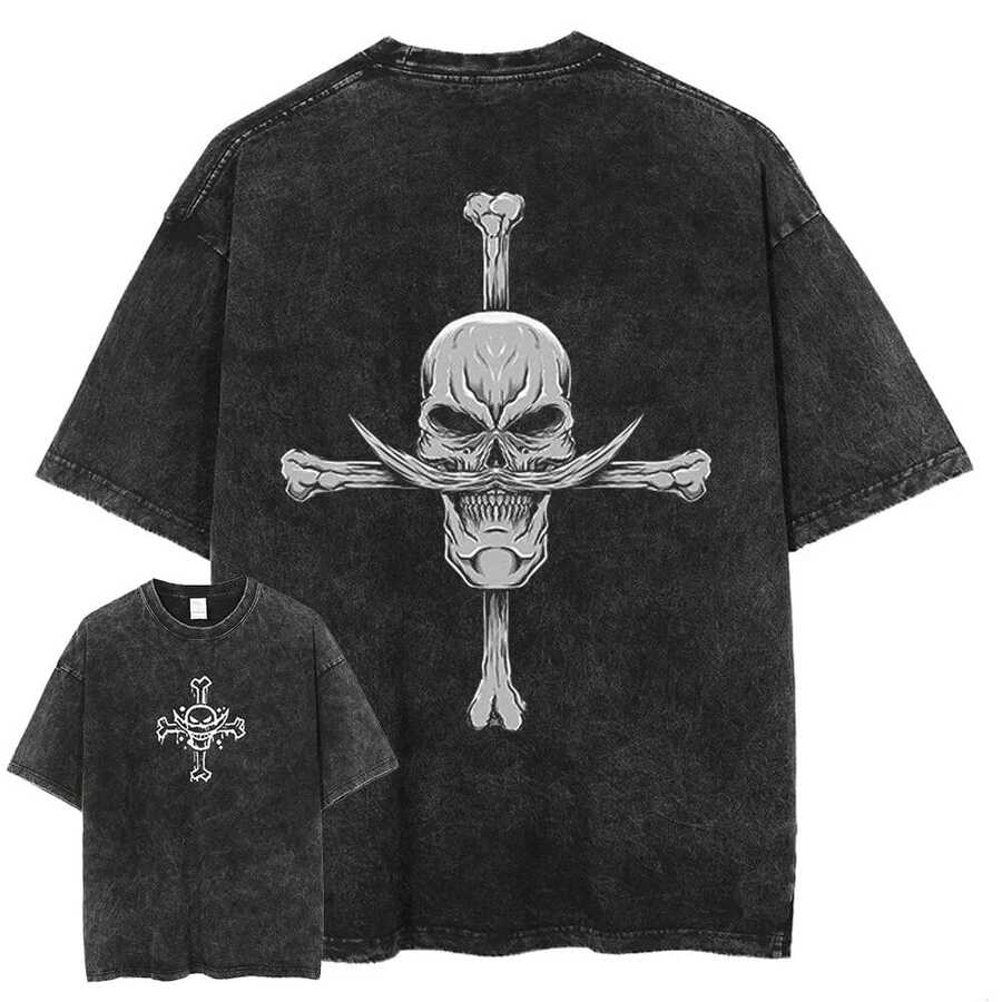 One Piece Edward Newgate Vintage Washed Black Oversized T-Shirt With Cross Skull Graphic Print & Minimalist Front Logo For Streetwear, Anime Shirt, Mens Clothes, Mens T Shirts, Y2k Clothes, Unisex Casual Streetwear Japanese Anime T-Shirts - 黑色 - 查看 1