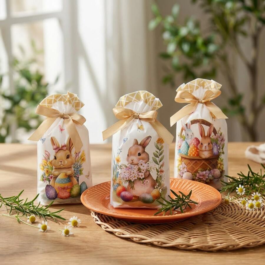 50个复活节兔子抽绳礼品袋，卡通兔耳朵造型，带提手塑料糖果袋，可用于盛装复活节糖果，也适用于节日派对、生日或复活节派对用品。