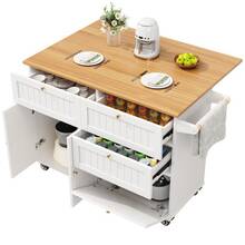 Modern Kitchen Island Table, Kitchen Cabinet, Self-Service Cabinet, Grained Wood Dining Cart, Self-Service Cabinet, Multifunctional Dining Table With Storage Space, Dining Cart With Telescopic Functional Cabinet, White - White - View 5