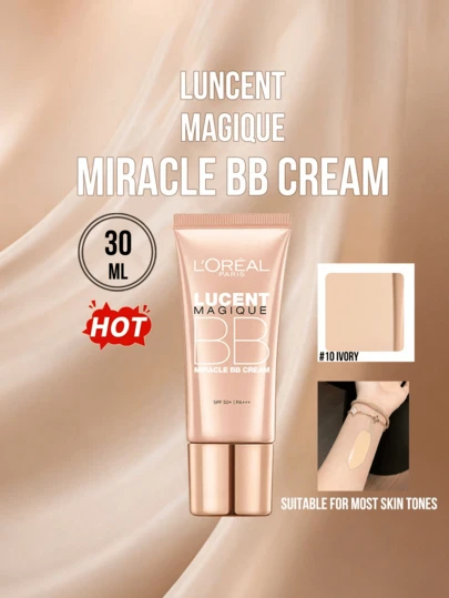 L’Oreal Paris LUCENT MAGIQUE 奇迹BB霜（新品）#10 象牙白 30毫升/1.01液体盎司，SPF 50+ | PA+++，适合大多数肤色，三合一保湿防晒妆前乳，轻盈自然水润妆效，遮盖瑕疵，缩小毛孔，提亮肤色，易于卸妆，适合初学者、学生、上班族、通勤族、聚会、打造自然妆容，也是送给朋友/女朋友的绝佳礼物。