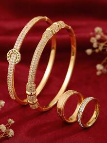 4件套 - 精致罗马图案手链+戒指套装，全锆石镶嵌，尽显奢华气质，简约高端而不浮夸，节日送给女朋友的惊喜礼物 - 金色 - 查看 3