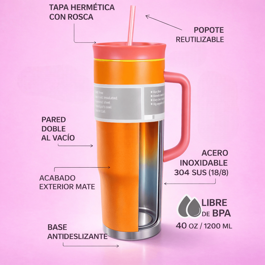 Termo Vaso Térmico Premium RR-39, de Acero Inoxidable 40 oz / 1200 ml con Asa Ergonómica, Popote Reutilizable y Tapa 3 en 1 – Doble Pared Aislante, Libre de BPA, Ideal para Bebidas Frías y Calientes, Disponible en 10 Colores Modernos para Uso Diario. - Naranja - Añade 2