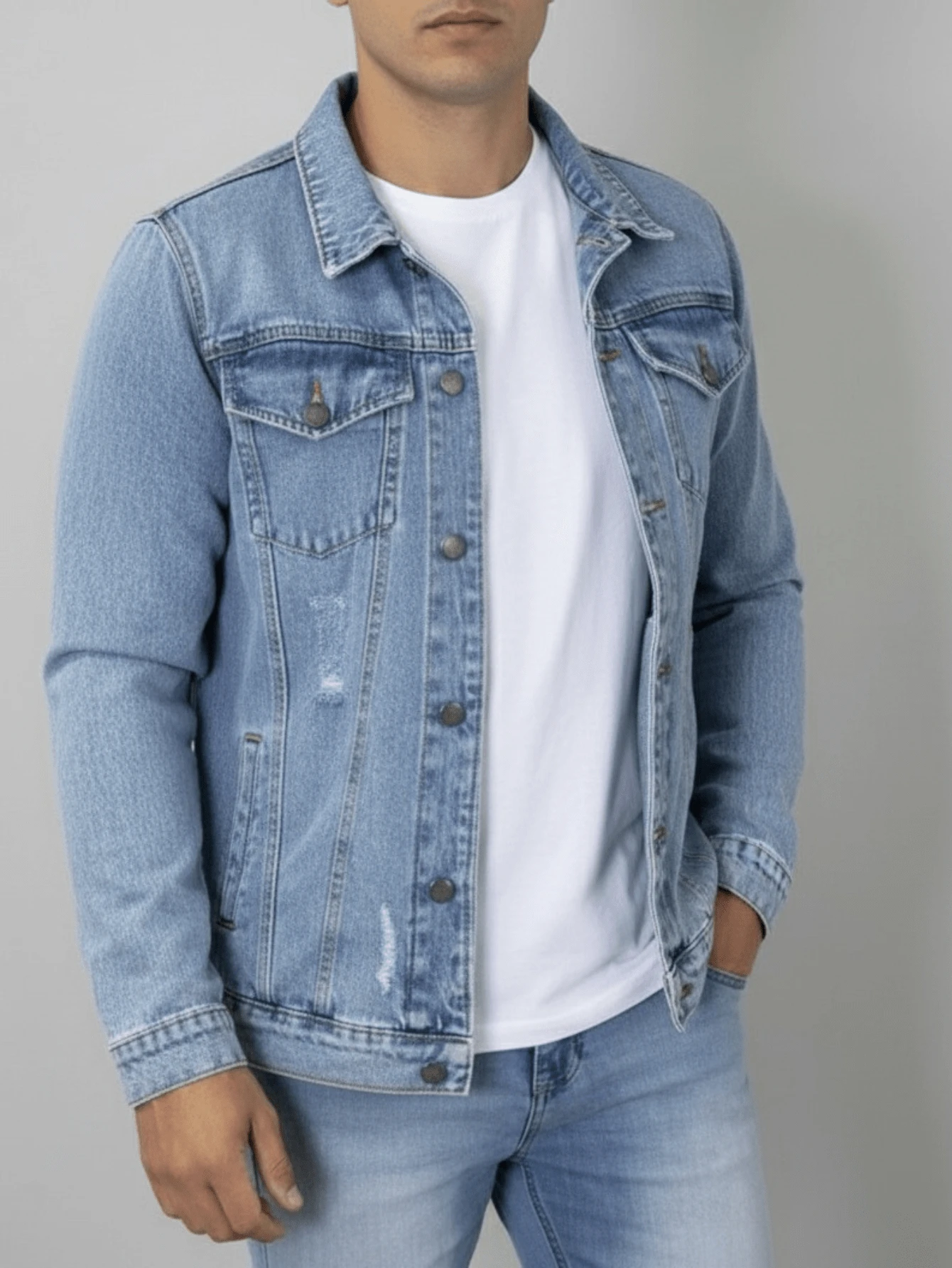 Men's Denim Jacket With Iron-On Button Closure, Medium Wash - 藍色 - 查看 1