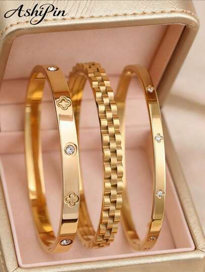 3件套18K镀金不锈钢可叠戴手镯，齿轮和四叶草设计，时尚百搭，适合女性佩戴。防褪色，适合日常佩戴、派对、节日、生日、婚礼、情人节，也可作为母亲节礼物送给妈妈。