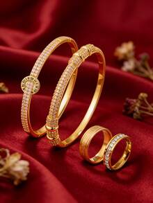 4件套 - 精致罗马图案手链+戒指套装，全锆石镶嵌，尽显奢华气质，简约高端而不浮夸，节日送给女朋友的惊喜礼物 - 金色 - 查看 4