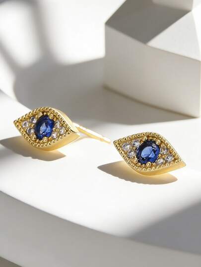 Women's Gold-Plated Evil Eye Stud Earrings With Blue Zirconia Center, Minimalist Elegant Design, Suitable For Daily Wear And Work, Fashionable Gift