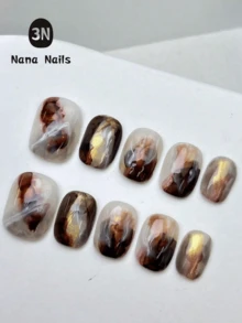 1包/10片短款美甲贴片，金属大理石纹漩涡设计，焦糖锈棕色渐变美甲，带闪粉点缀，时尚百搭，适合日常佩戴和派对场合（女士及女孩适用），手工制作。 - 鏽棕色 - 查看 9