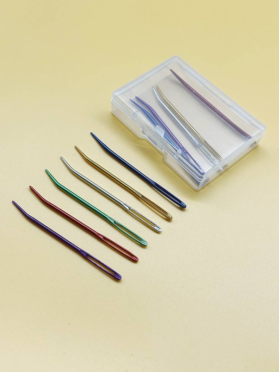 12支/套 弯头铝制大眼编织针，粗线缝纫针，适用于毛衣、手工缝纫，红/紫/绿/银/蓝/黄各2支，盒装 - 盒裝彎針 - 查看 1