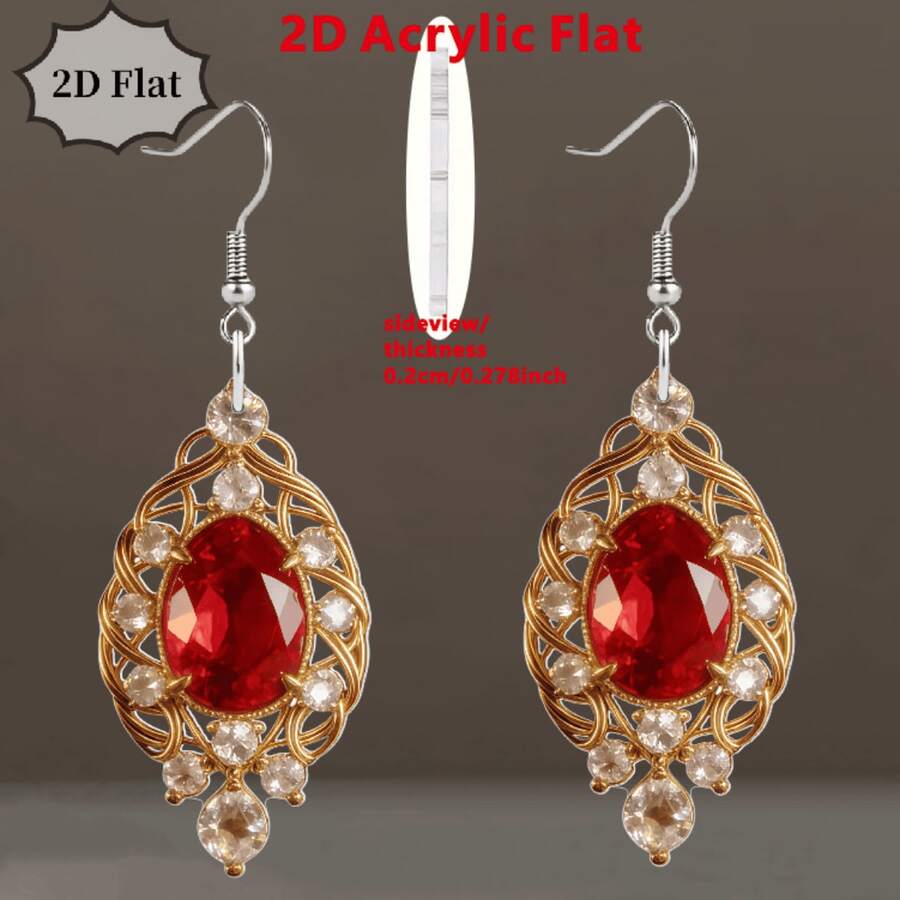 Vintage Red Gem 2D Flat Acrylic Earrings Formal Events, Ideal Gift For Women Who Love Retro Luxury Accessories - Multicolor - View 1