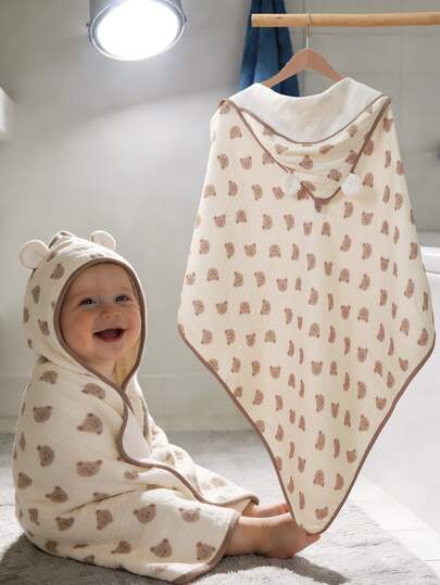 [Oeko-Tex] 1pc Baby Hooded Bath Towel, Unisex Cute Print Hooded Baby Cloak, Suitable For Infants And Toddlers, Soft And Comfortable Cartoon Bath Accessory For All Seasons