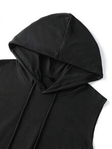 男士印花运动连帽背心，健身训练上衣，休闲运动背心 - 黑色 - 查看 3