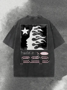 Men's Printed Pattern Washed T-Shirt - Casual Loose Summer T-Shirt With Star And Flame Design, Adult Brown 100% Pure Cotton Round Neck Shirt, Breathable T-Shirt | Avant-Garde Casual Wear | 100% Pure Cotton Printed T-Shirt - 黑色 - 查看 3