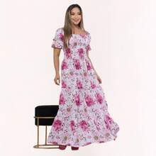 Women's Dress, All-Over Leaf Print, Boho Style, Fabric, Hem With Ruffles, Gathered Ruffles, Long Style, Beach, Night, Birthday Party, Baby Shower, Garden, Photoshoot - HOA MÀU ĐỎ - Xem 2