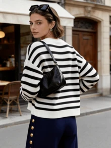 Black & White Striped Minimalist Loose Knit Sweater, Women's Casual Crew Neck Pullover, Basic Style For Spring - Black and White - View 2