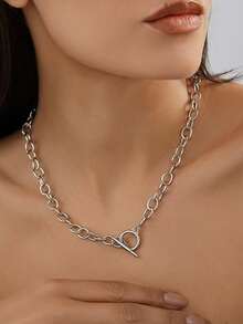 1 pieza Collar de acero inoxidable con cierre de eslabón único de moda, minimalista y versátil para uso diario casual, uso en fiestas, regalo para vacaciones de las mujeres - Plateado - Ver 3