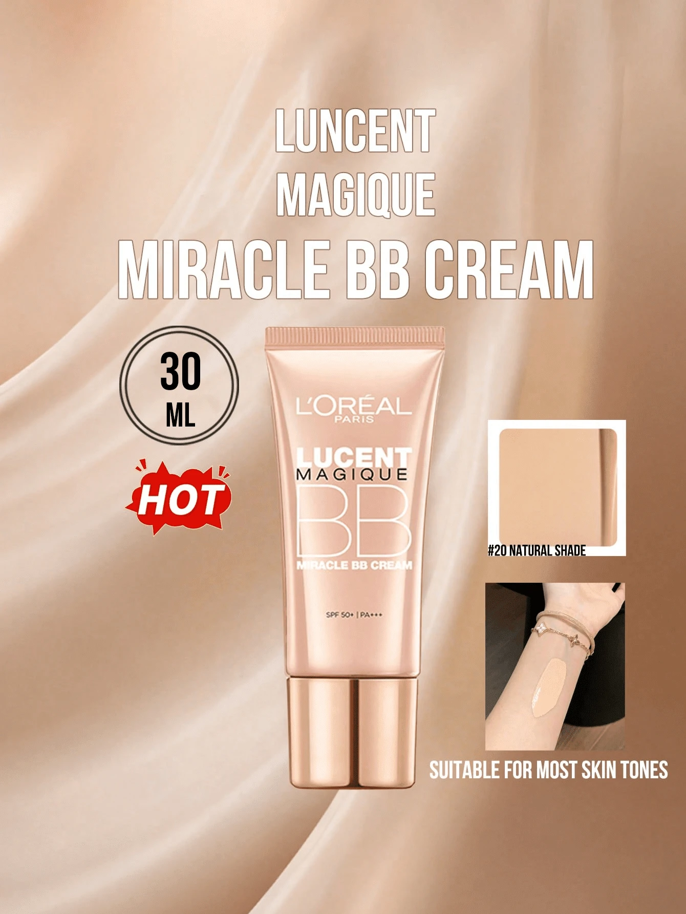 L’Oreal Paris 罗倩梦幻奇迹BB霜（新品）#20 自然米色 30毫升/1.01液体盎司，SPF 50+ | PA+++，适合大多数肤色，三合一保湿防晒妆前乳，轻盈自然水润妆效，遮盖瑕疵和毛孔，提亮肤色，易于卸妆，适合新手、学生、上班族、通勤族、聚会、自然妆容，也是送给朋友/女朋友的绝佳礼物。