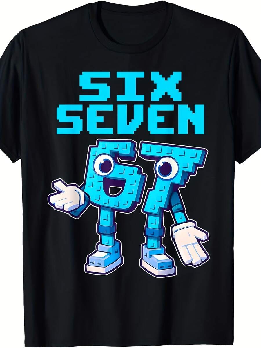 Fun Six Seven T-Shirt For Boys And Girls, "67" Number Design With Dab Dance Pose, Casual Round Neck Tee Comfortable For All Seasons, Cotton Shirts, Graphic Tees, Meme T-Shirt - 黑色2 - 查看 1