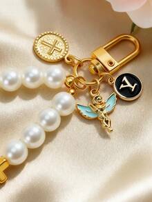 1 pieza Llavero personalizado con cruz de ángel, inicial y perla, regalo de Navidad - Multicolor - Ver 2